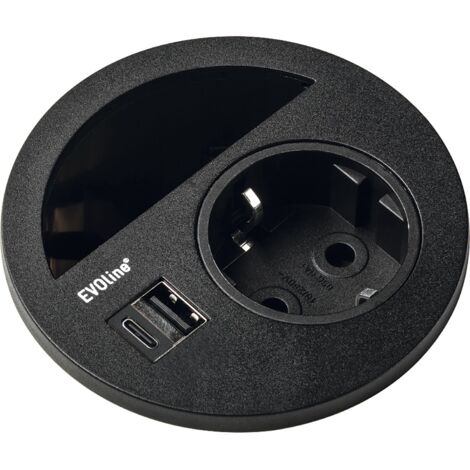 Evoline Circle80 Steckdose schwarz - mit Kabeldurchgang, USB-A + USB-C Doppelcharger, Tischsteckdose, 3500W, ø 80mm, 1 Stück