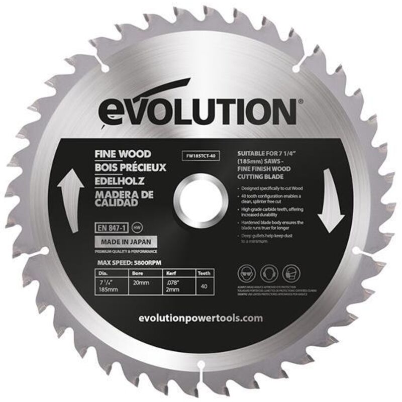 Evolution Fine Wood Mitre/Table Saw Blade 185 x 20mm x 40T EVLFW185TC40