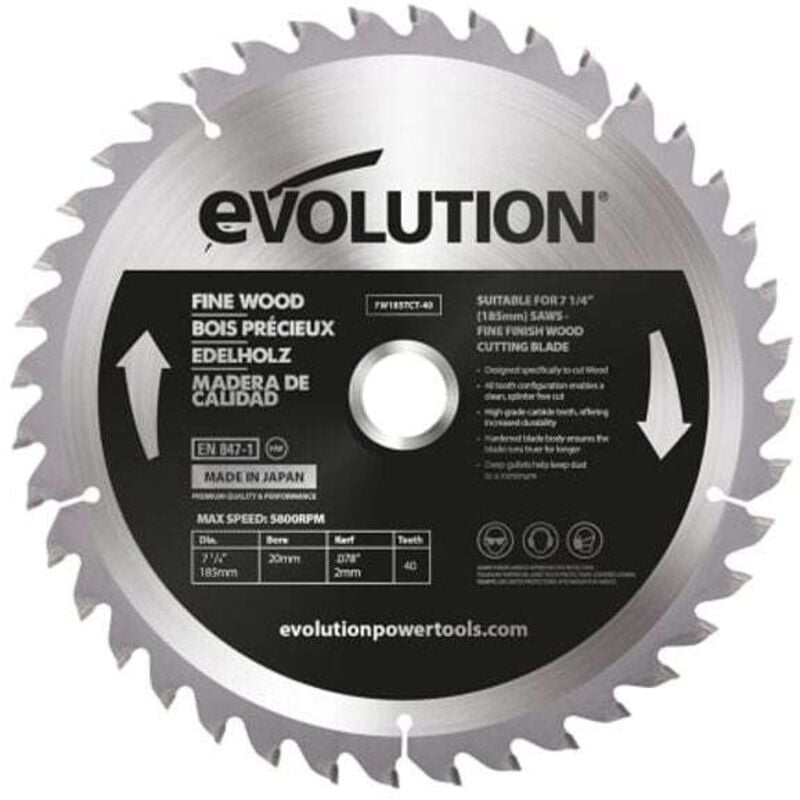 Evolution Power Tools Fine Wood Mitre/Table Saw Blade 185 x 20mm x 40T
