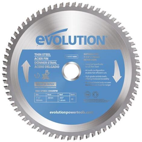 Evolution 185mm Thin Steel and Tungsten Carbide Tipped Mitre Saw Blade – 68 Tooth for Precise Cutting