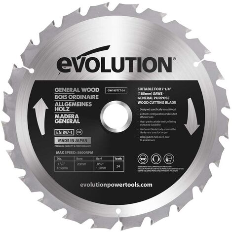 EVOLUTION POWER TOOLS 185mm Wood Cutting 24 Tooth Tungsten Carbide Tipped Blade