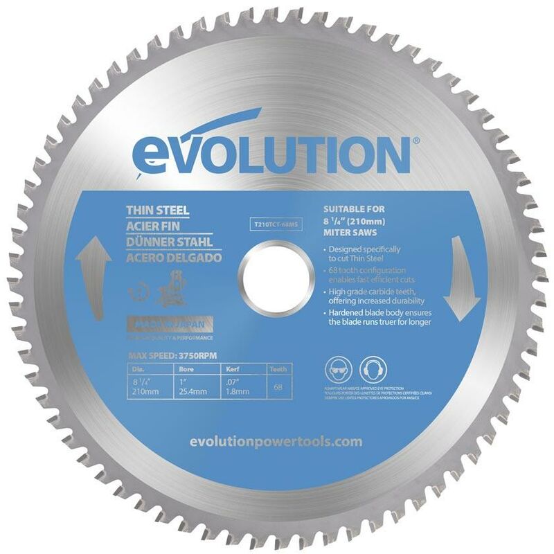 Evolution 210mm Thin Steel Cutting 68 Tooth Tungsten Carbide Tipped Mitre Saw Blade