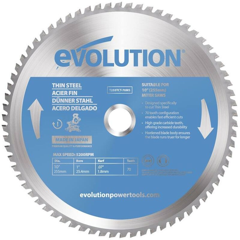 Evolution 255mm Thin Steel Blade 70 Tooth Tungsten Carbide Tipped Mitre Saw Blade