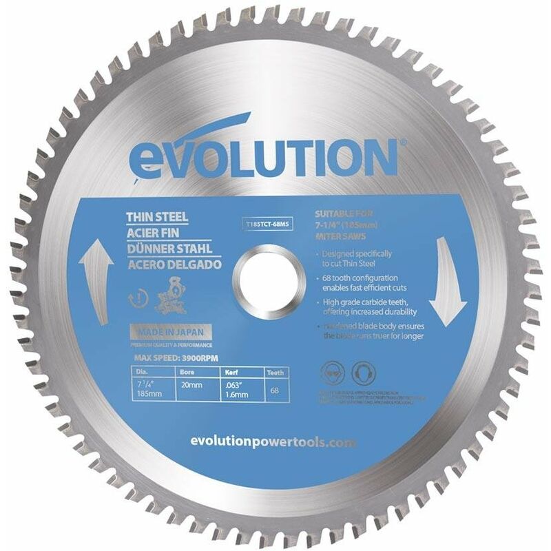 Evolution 185mm Thin Steel Blade 68 Tooth Tungsten Carbide Tipped Mitre Saw Blade