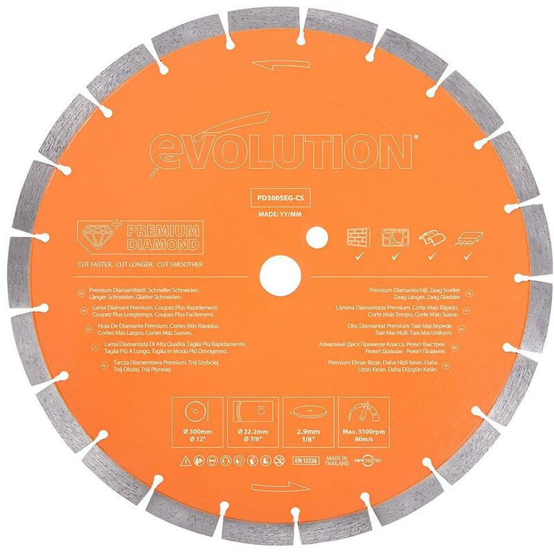 Evolution Power Tools - Evolution 300mm Premium Diamond Disc Cutter Blade With High Diamond Concentration, Segmented Edge and 22.2mm Bore