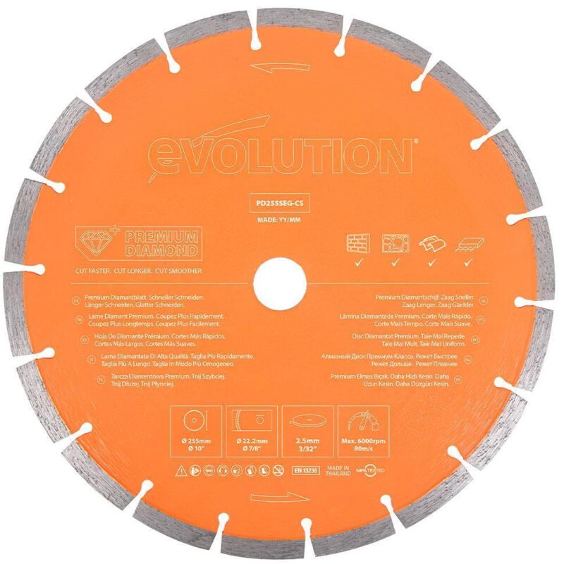 Evolution Power Tools - Evolution 255mm Premium Diamond Disc Cutter Blade With High Diamond Concentration, Segmented Edge and 22.2mm Bore