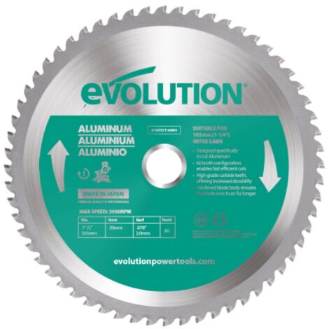 Evolution A185TCT-60MS - 185 mm Lama per taglio di alluminio - Lama per metallo con punta in carburo che in pratica non genera surriscaldamento, ronzii o scintille