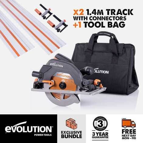 EVOLUTION POWER TOOLS Bundle - R185CCSX+ Track Compatible Circular Saw with 2.8m Track and Clamps