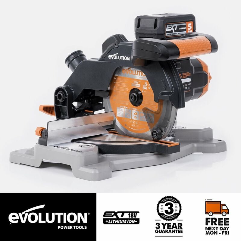 Evolution Cordless R185CMS-Li Compound Mitre Saw 18v Li-Ion ext (Battery & Charger & Multi-Material Blade Included)