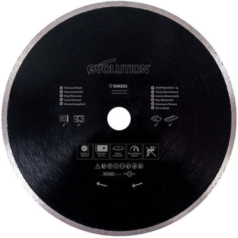 Evolution – Disque diamant 255mm – Alésage 25,4mm – Pour coupe pierre naturelle et béton – Lame acier pour scies à onglet et sur table
