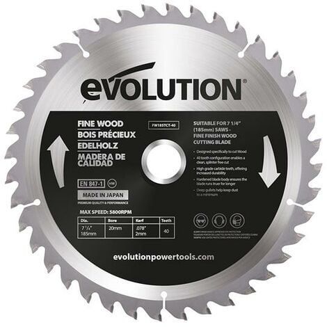 EVOLUTION POWER TOOLS Evolution Fine Wood Mitre/Table Saw Blade 185 x 20mm x 40T EVLFW185TC40