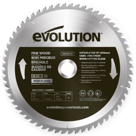 Evolution Fine Wood Mitre/Table Saw Blade 255 x 25.4mm x 60T