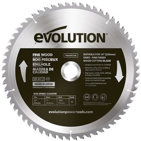 EVOLUTION 255mm Fine Wood Cutting 60 Tooth Tungsten Carbide Tipped Blade