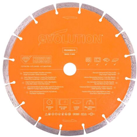 Evolution Lama per sega a disco premium Evolution da 230 mm con alta concentrazione di diamanti, bordo segmentato e foro da 22,2 mm