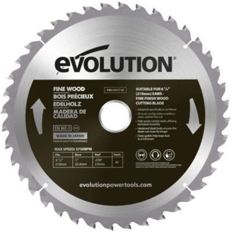 Evolution – Lame de scie circulaire 210 mm pour bois dur – Alésage 25,4 mm – 40 dents carbure – Couper sans éclat – Compatible scies à onglet et sur table