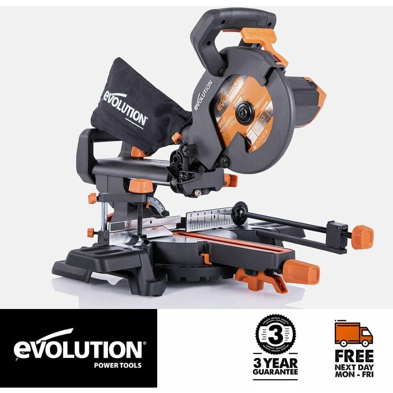 Evolution R210SMS+ 210mm Sliding Compound Mitre Saw With tct Multi-Material Cutting Blade (230V)