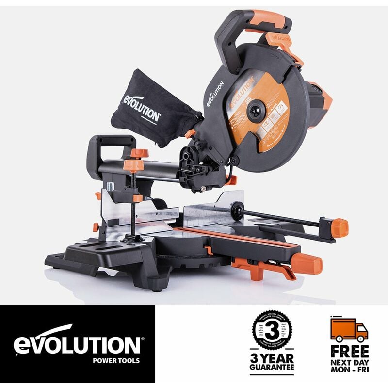 Evolution R255SMS+ 255mm Sliding Compound Mitre Saw With tct Multi-Material Cutting Blade (230V)