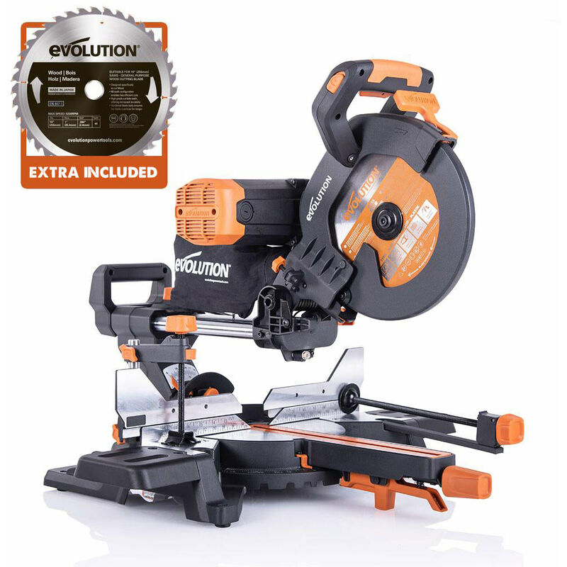 Evolution R255SMS-DB+ gpw 255mm Double Bevel Sliding Compound Mitre Saw With 40T Wood And 28T Multi-Material tct Blades (230V)