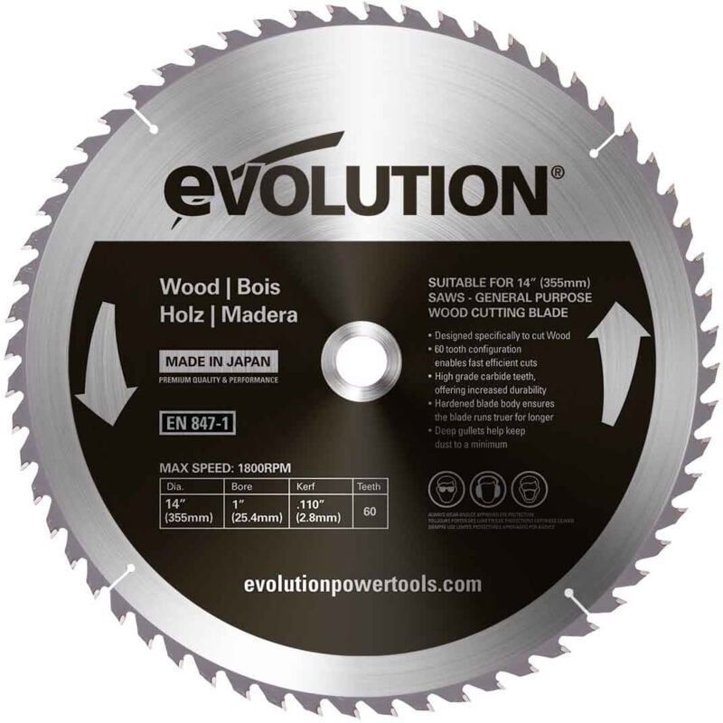 Evolution 355mm Wood Cutting 60 Tooth Tungsten Carbide Tipped Blade