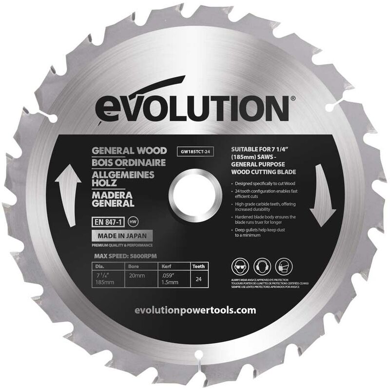 Evolution 185mm Wood Cutting 24 Tooth Tungsten Carbide Tipped Blade