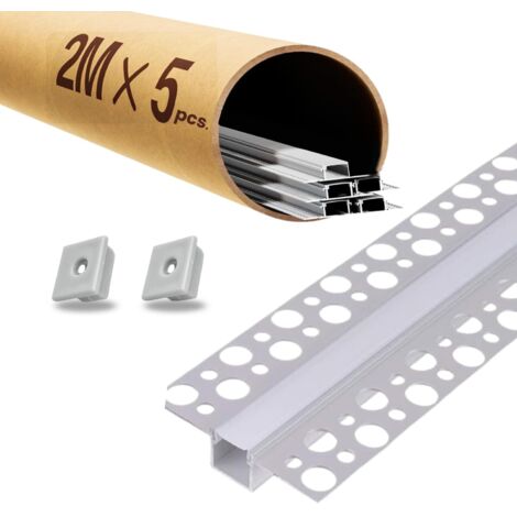 Evotrade – Lot 5 profilés LED aluminium 2M (10M) pour plaques de plâtre avec couvercle opalin et embouts – installation encastrée invisible, lumière continue et élégante