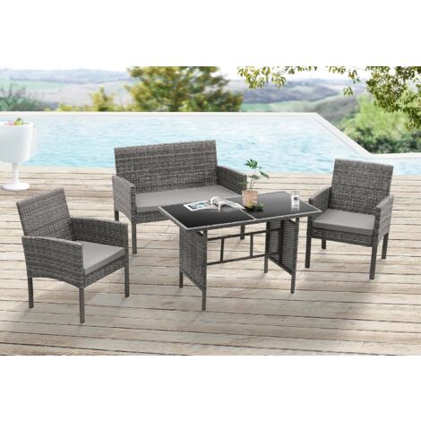 EVRE 4 Seat Porto Garden Rattan Furniture Set 4 Piece Dining Outdoor Wicker Lounge Sofa and Table Grey