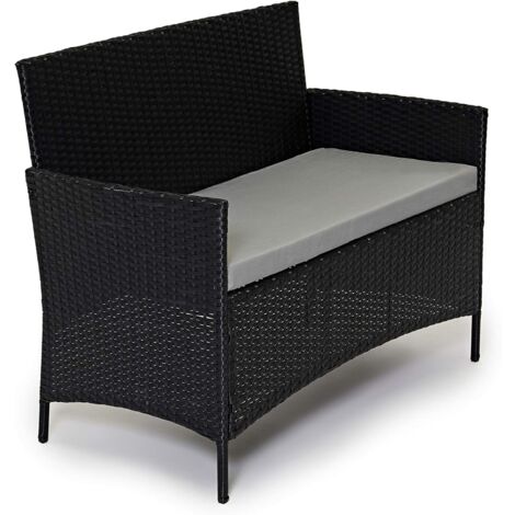 EVRE Black Rattan Garden Furniture Set Patio Conservatory Balcony Indoor Outdoor 4 Seater Piece Glass Top Coffee Table Modular Sofa Loveseat with Cushions