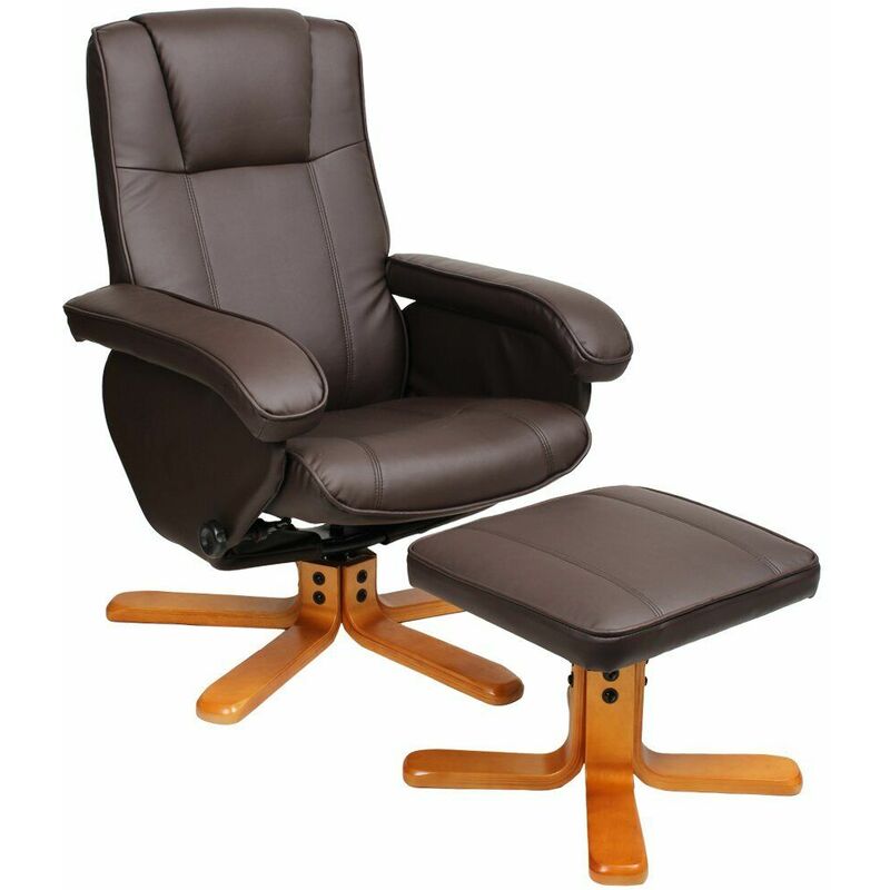 Faux Leather Padded Reclining Swivel Arm Chair with Foot Stool (Brown) - Evre