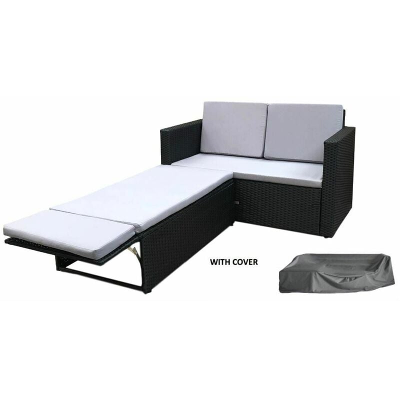 Outdoor Rattan Garden Sofa Furniture Set Love Bed two seater Black with Cover - Evre