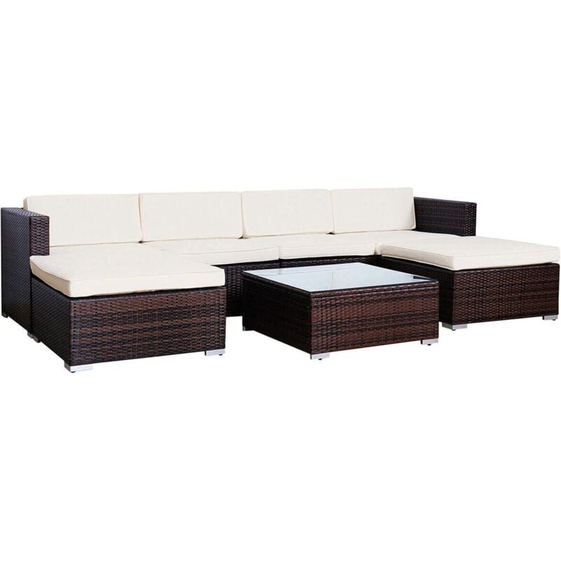 Rattan Outdoor Garden Furniture Set 6 Seater Sofa with Coffee Table (Brown) - Evre