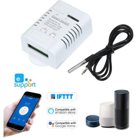 ULISEM eWeLink TH-16 Smart Wifi Switch 16A/3500W Monitoraggio della temperatura Kit domotico wireless con DS18B20 Sensore di temperatura impermeabile Compatibile con Alexa Google Home/Nest, Modello: Bianco U