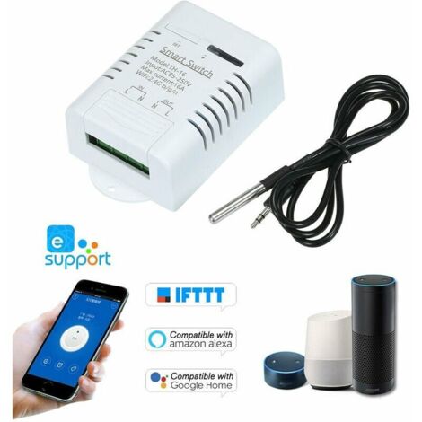 eWeLink TH-16 Smart Wifi Switch 16A/3500W Surveillance de la température Kit domotique sans fil avec capt de température étanche DS18B20 Compatible avec Alexa Google Home/Nest