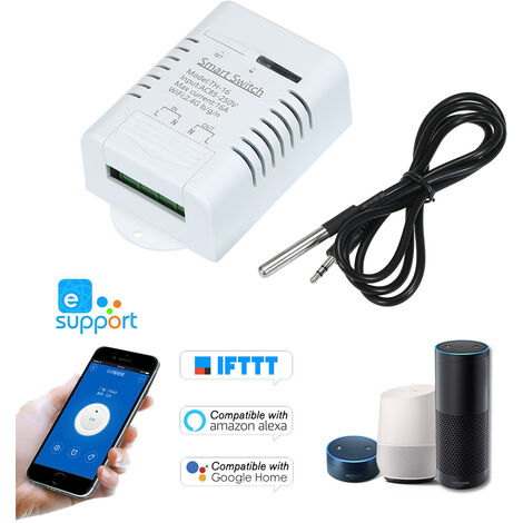 eWeLink TH-16 Smart Wifi Switch 16A/3500W Surveillance de la temperature Kit domotique sans fil avec capteur de temperature etanche DS18B20 Compatible avec Alexa Google Home/Nest, modele : Blanc