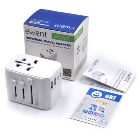 EWENT ADAPTADOR UNIVERSAL DE VIAJE+2USB Y 3USB-C