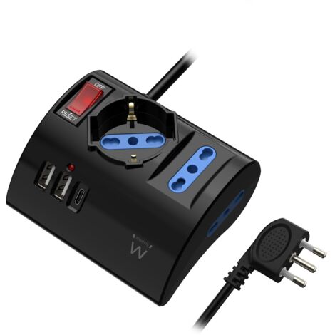 Ewent Multipresa da scrivania/tavolo con 3 Prese 10/16A e 2 porte USB-A e 1 porta USB-C, Interruttore ON/OFF, 3500W, Protezione da Sovraccarico,Spina IT10A e cavo da 2mt,Nera, 3 prese (2ITA/Schuko)