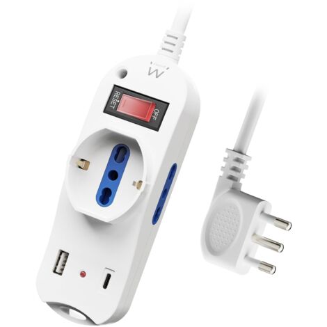 Ewent Multipresa da tavolo e muro con 3 Prese (2ITA/Schuko) e 1 porta USB-A e 1 porta USB-C, Interruttore ON/OFF, 2500W, Protezione da Sovraccarico e Bambini, Spina IT10A e cavo da 1.5 mt, Bianca