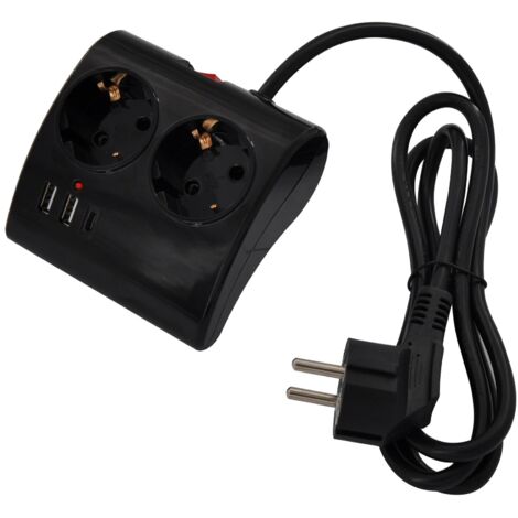 Ewent Plug de Mesa con 2 prese Schuko e 2 porte USB-A e 1 USB-C, interruttore ON/OFF da 3680W, protezione da sovraccarico, spina Schuko de 16 A e Cavo de 1,5 m, Colore Nero