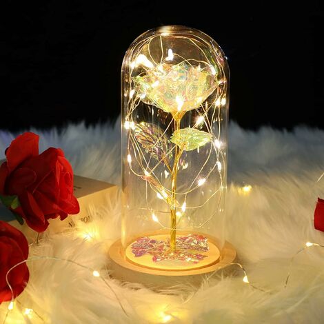 Schöne Ewige Rose im Glas LED Licht Künstlich Blumen Valentinstag Geschenk Dekor 