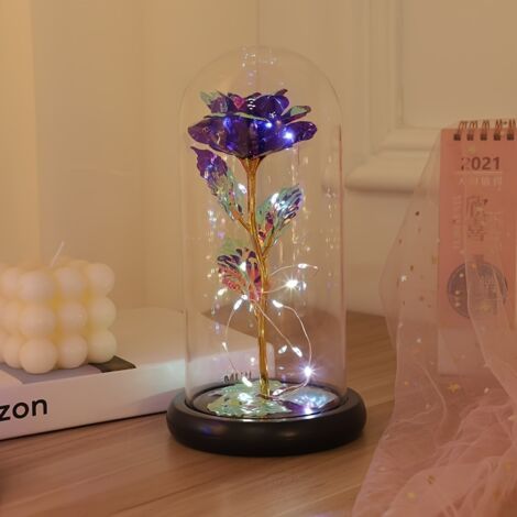 Ewige Rose Lila LED unter Acrylglocke, Dekorative Leuchte mit Lichterkette, Romantische Nachtlampe, Schlafzimmer Deko, Geschenk Valentinstag Geburtstag Hochzeit