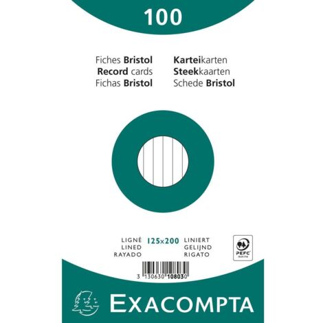 EXACOMPTA PAQUETE 100 FICHAS CARTULINA BRISTOL RETRACTIL LINEA HORIZONTAL SIN TALADRO 125X200MM BLANCO