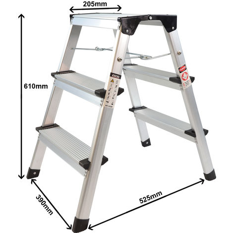 Excel Aluminium Stool Ladder 3 Tread Heavy Duty Folding Hop Up 390mm x 525mm