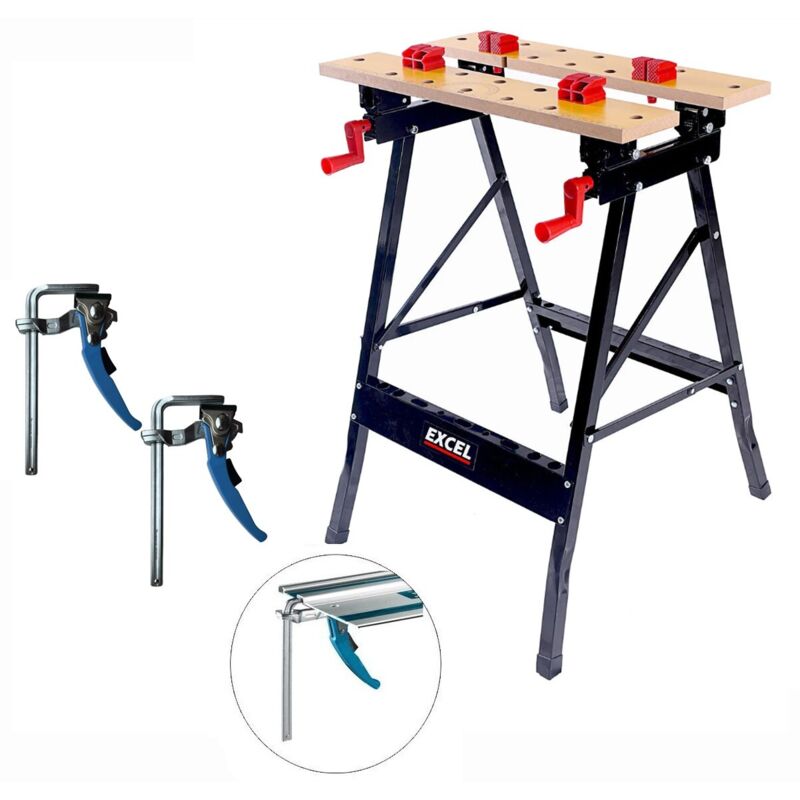 Excel Workmate Flip Top Workbench Foldable Vise Clamping Work Stand + x2 Clamps
