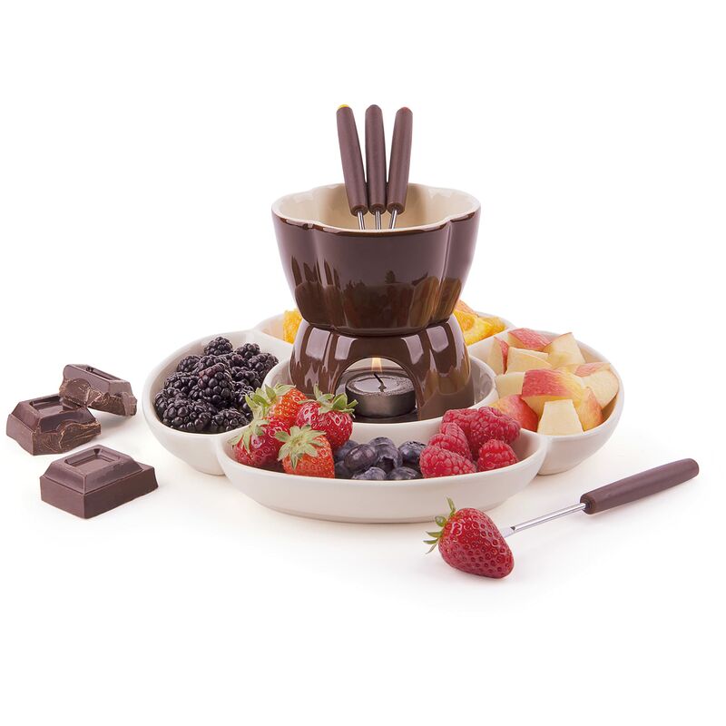 Image of Chocolate Servizio Fonduta Cioccolato con Piatto 8 Pz, Ceramica, Marrone - Excelsa