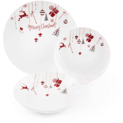 Excelsa Christmas Servizio Piatti 18 Pezzi, Porcellana, Bianco/Rosso