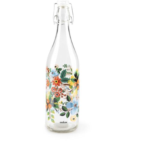Excelsa Fiori Frida Bottiglia Acqua, 1 Litro, Vetro, con Guarnizione