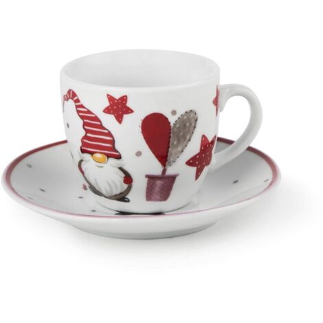 Excelsa Gnomo Set 6 Tazzine Caffè con Piattino, Porcellana, Decoro Natalizio, 90cl