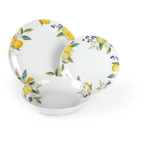 Excelsa Lemon Servizio Tavola 18 Pezzi, Porcellana, Bianco/Limoni