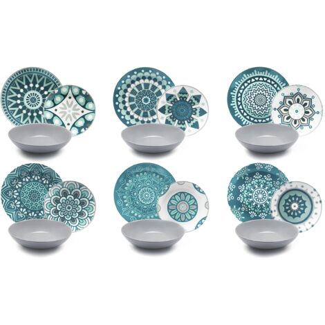 Excelsa Mandala Servizio Piatti 18 Pezzi, Porcellana, Azzurro/Grigio