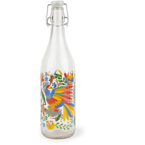 Excelsa Mexican Flowers Bottiglia Acqua, 1 Litro, Vetro, con Guarnizione