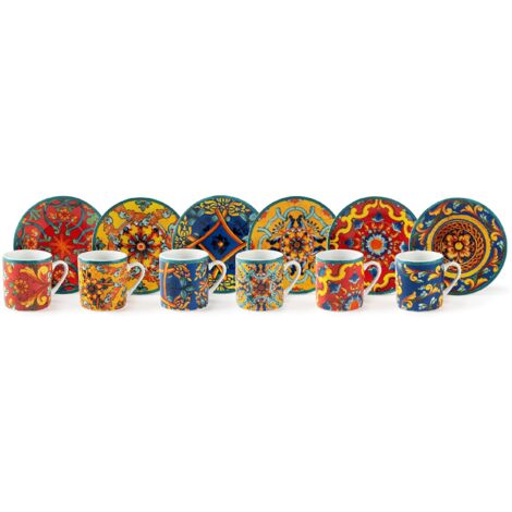 Excelsa , Porcellana, Set 6 tazzine da caffè Trinacria con piattino, multicolore